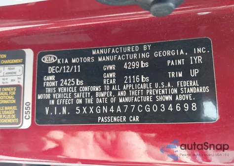 2012 Kia Optima Ex z USA, uszkodzony, nr VIN 5XXGN4A77CG034698